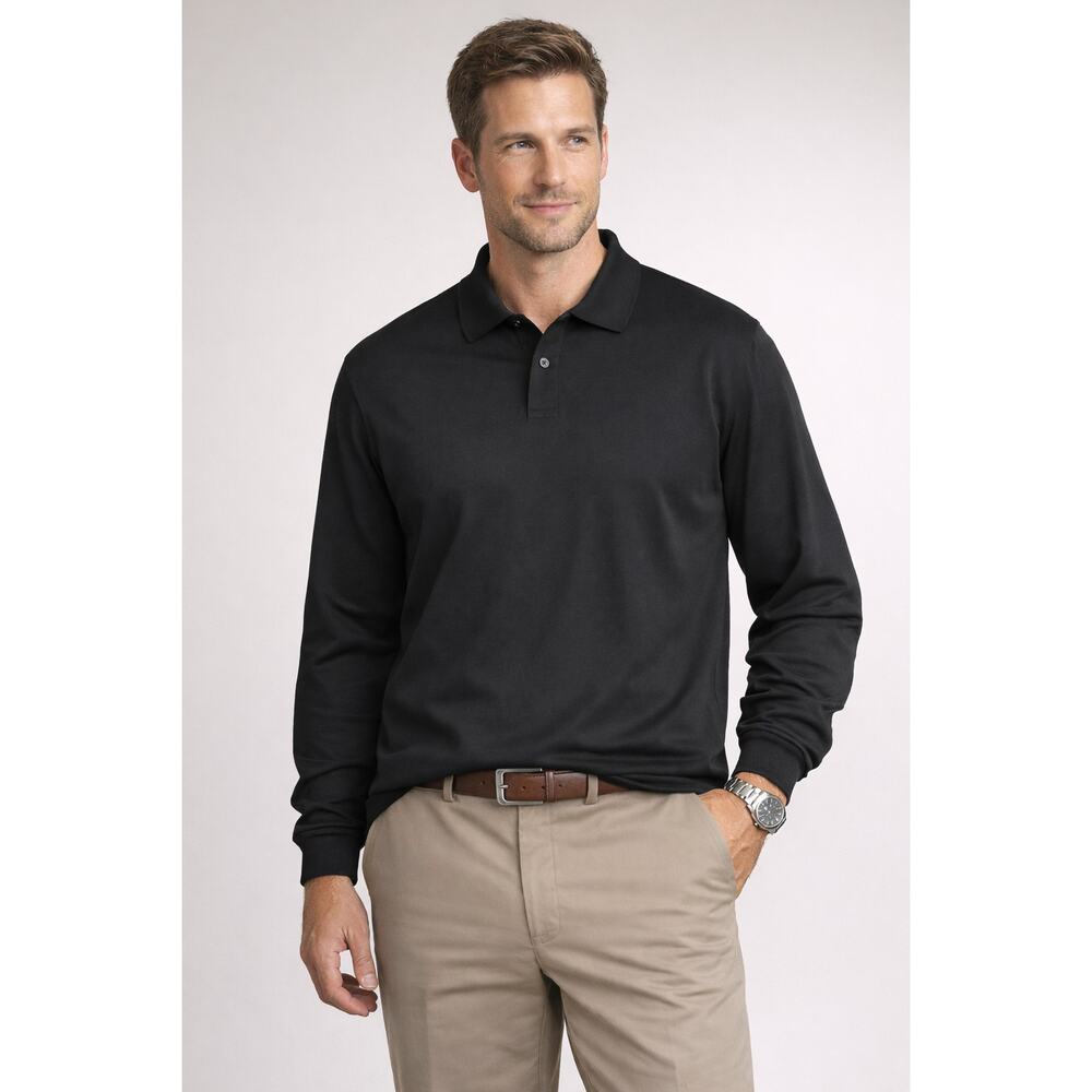 NWT‎ Roundtree & Yorke Luster Soft Supima Cotton Black Long Sleeve Polo Shirt LG